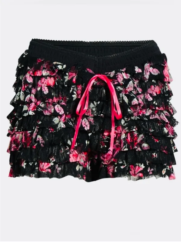 FREE PEOPLE Feeling For Lace Black Pink Floral Shorts Ruffles Girly Size Medium - Image 9