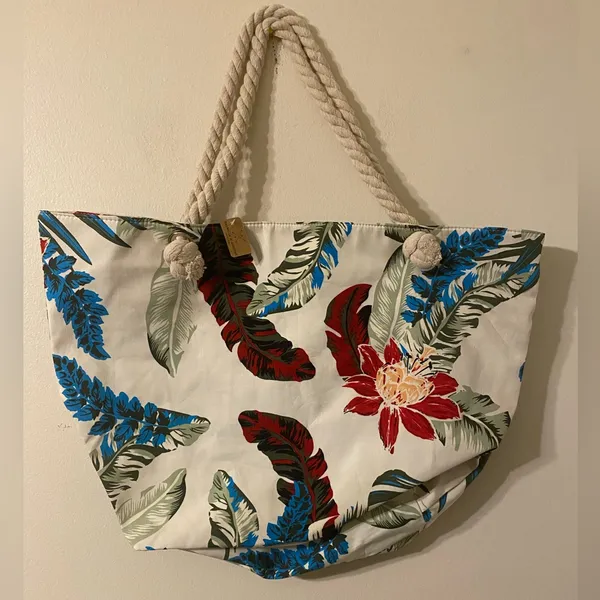 New NWT Marbella & Ashford‎ Zip Top Canvas Rope Tote White Floral Beach Bag - Image 2