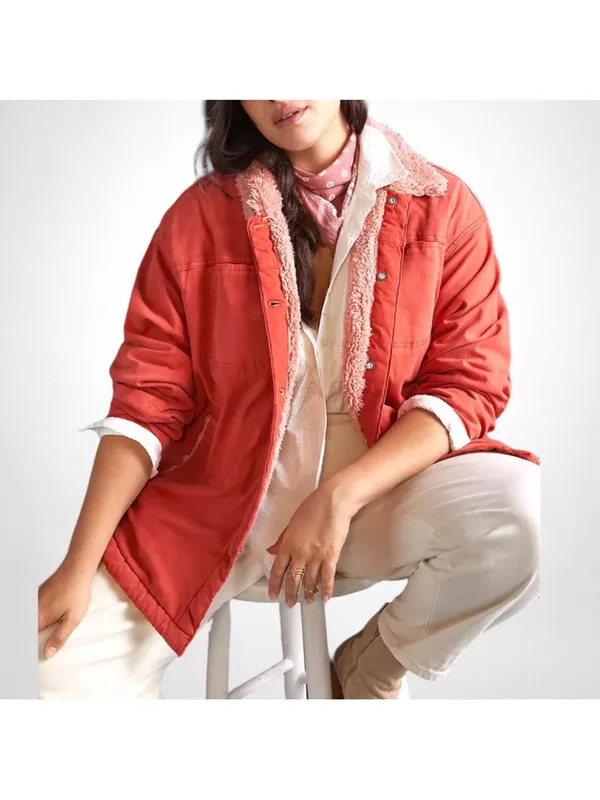 Anthropologie Pilcro Sherpa Shirt Jacket‎ Orange Womens Size M - Image 4