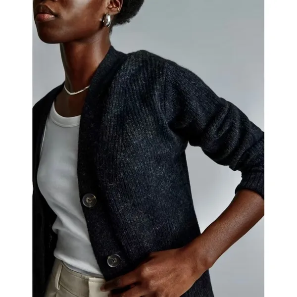 EVERLANE The Oversized Alpaca Cardigan Heathered Black Merino Wool Pockets Small - Image 5