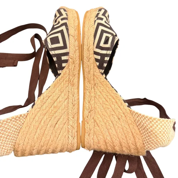 Tory Burch Wedge Espadrille Lace‎ Up Ankle Strap 38 Geometric Canvas Resortwear - Image 8