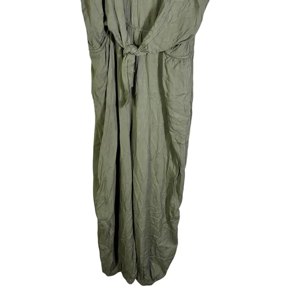 Umgee Beachy Wide Leg Jumpsuit Size XL Olive Green Tencel Tie Front Minimalist - Image 4