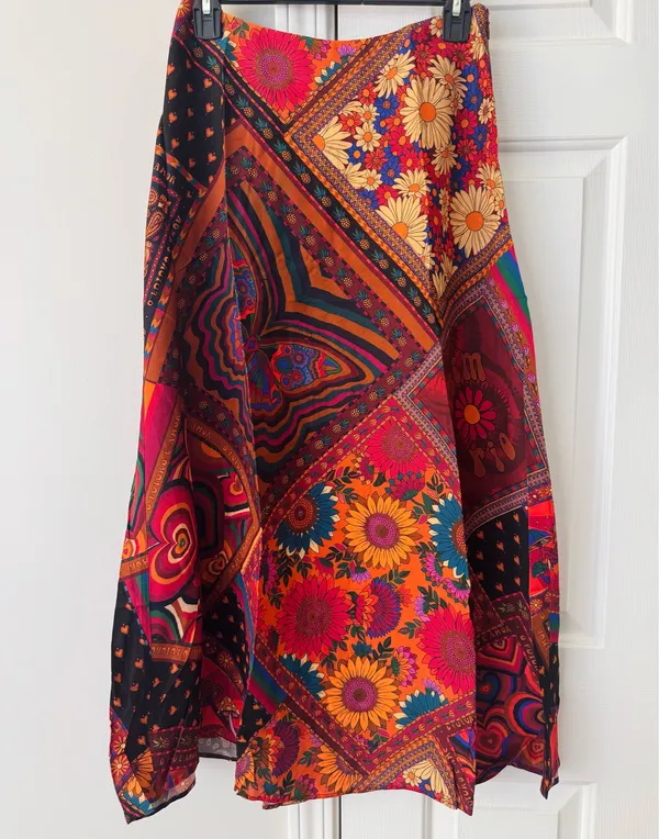 Farm Rio Mixed Prints Satin Slip Midi Skirt, Size S - Image 2