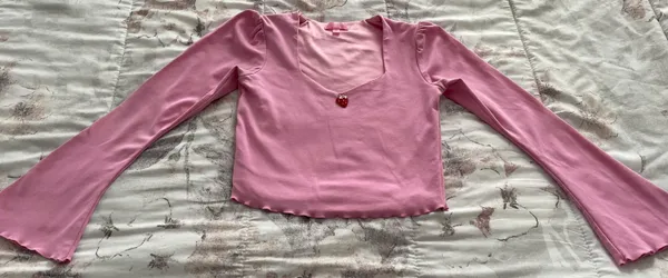 Dolls Kill Sugar Thrillz From Take A Bite Pink Strawberry Charm Flare Sleeve Crop Top, size S - Image 11