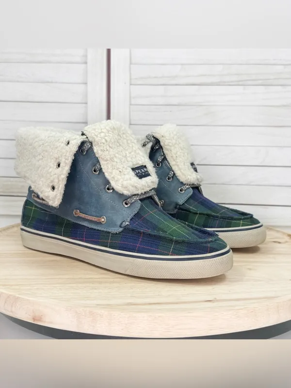 Sperry Tartan Plaid Fleece Lined Fold Over Boots Blue Green Women 11 Preppy - Image 14