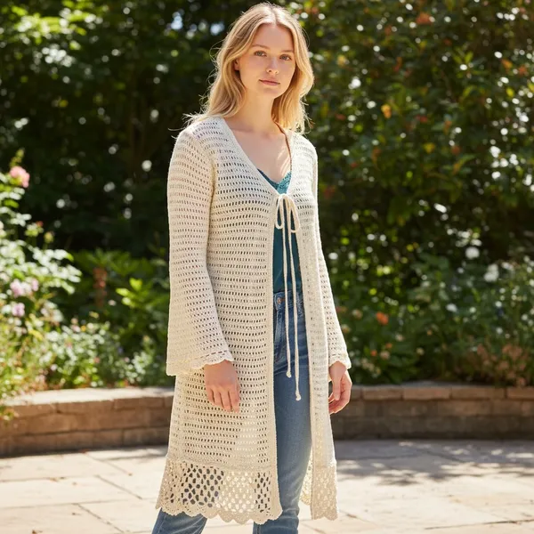 Pink Lily Womens Crochet Knit‎ Duster Cardigan Ivory Cream Tie Front JB-A7126 S - Image 2