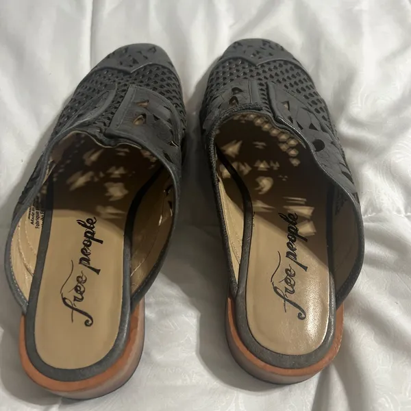 Free People Black Leather Laser-Cut Mule with Natural Wood Sole - Image 4