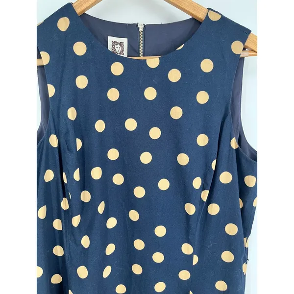 ANNE KLEIN Polka Dot Sheath Dress Womens 12 Navy Blue Tan Sleeveless Pockets - Image 3