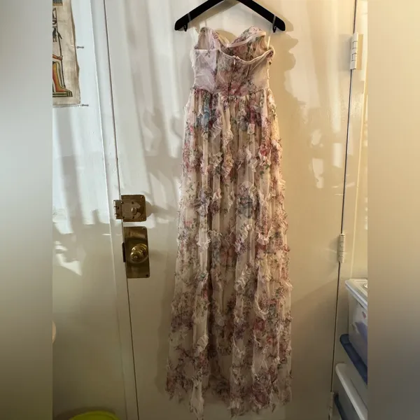 Faeriesty Ruched Bustier Ruffle Trim Hem Floral Print Tube Dress - Image 10