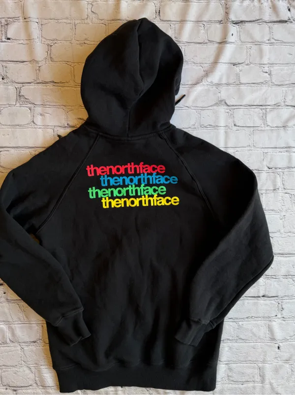 The North Face Womens Medium Hoodie Sweatshirt Rainbow Logo Spell Out EUC Pride - Image 11
