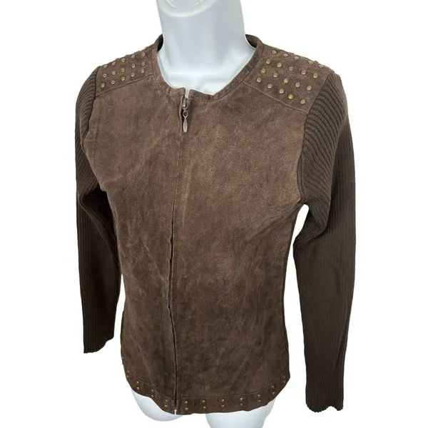 Vintage Y2K Escapade Sweater Full Zip Suede Brown Long Sleeve Womens‎ Small - Image 3
