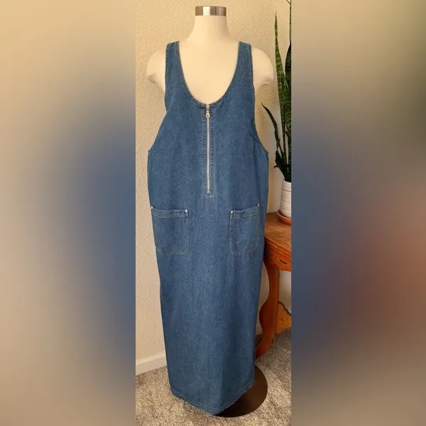 Vintage Denim Zip Front Jumper‎ Dress Sleeveless Pockets 90s Minimalist large - Image 2