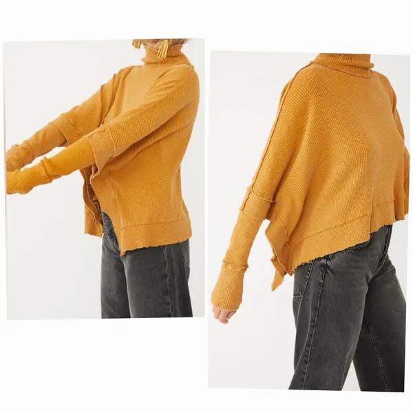 We The Free Free People Waffle Knit Poncho Top S Mock Neck Thumb Hole Rust - Image 6