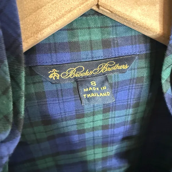 BROOKS BROTHERS Women's 8 Tartan Navy Plaid Long Sleeve Button Top Ruffle Neck - Image 10