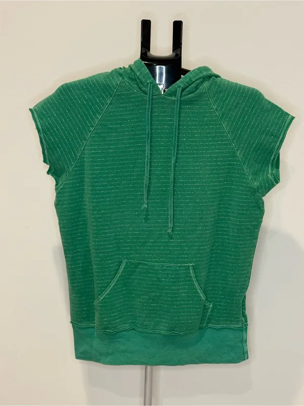 dELiA*s Green Metallic Stripe Short Sleeve Hoodie Top Size Large - Image 2