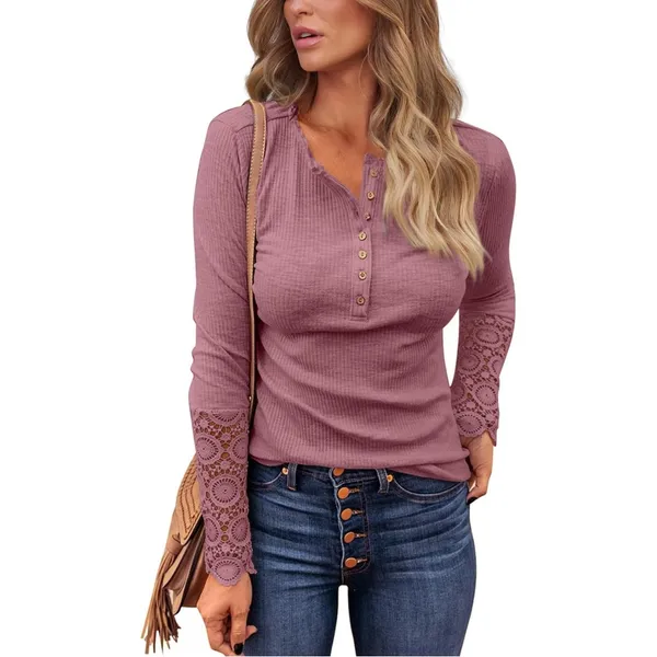 Ribbed Knit Lace Cuff Long Sleeve Henley Shirt‎ Mauve Dusty Rose Size Large - Image 2