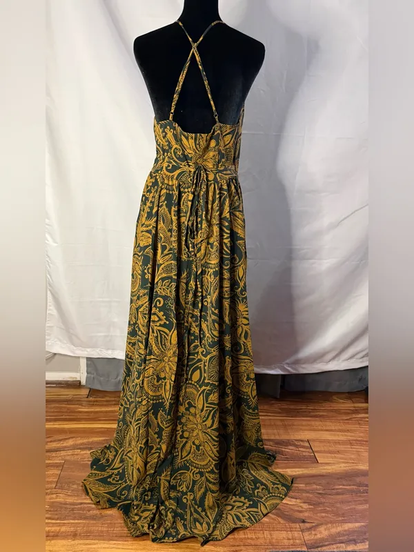 onetheland NWT Boho Floral Maxi Dress Mustard & Dark Green | Adjustable Straps - Image 6