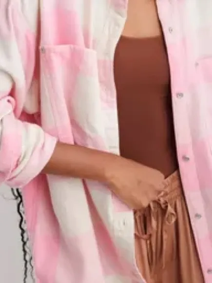 {M} aerie oversized Pink and Cream anytime fave flannel shirt - Image 2