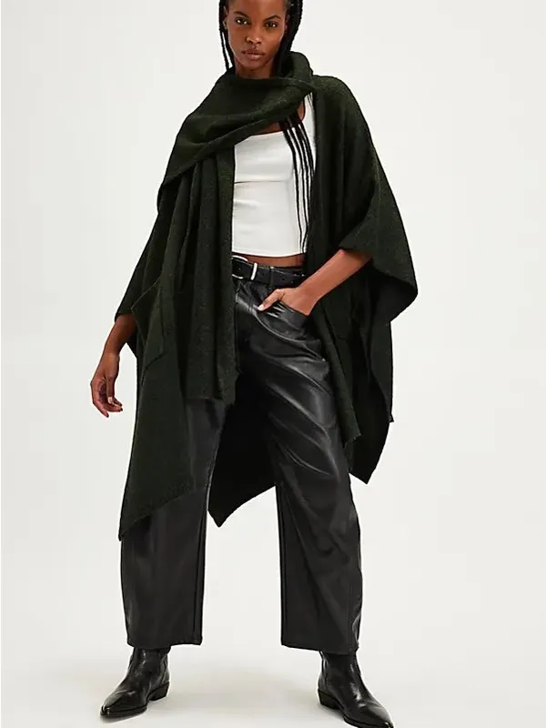 Free People Black Open-Front Knit Poncho with Pockets and Scarf ONE SIZE - Image 14
