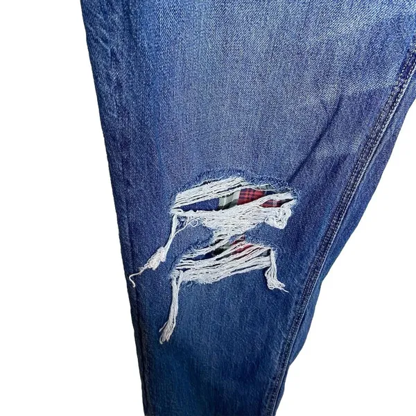 American Eagle Mom Straight Jean Blue Jeans Denim Ripped Plaid Patch Size 16 - Image 3