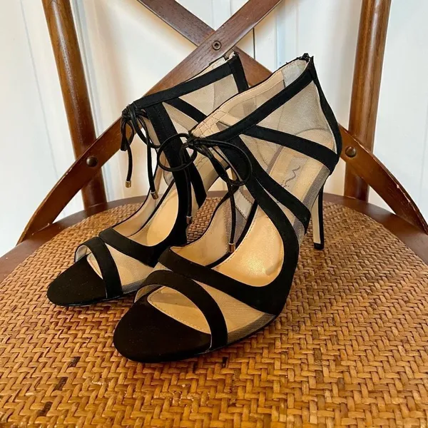 Nina Caleya black mesh tie closure stiletto heels sz 8 - Image 4