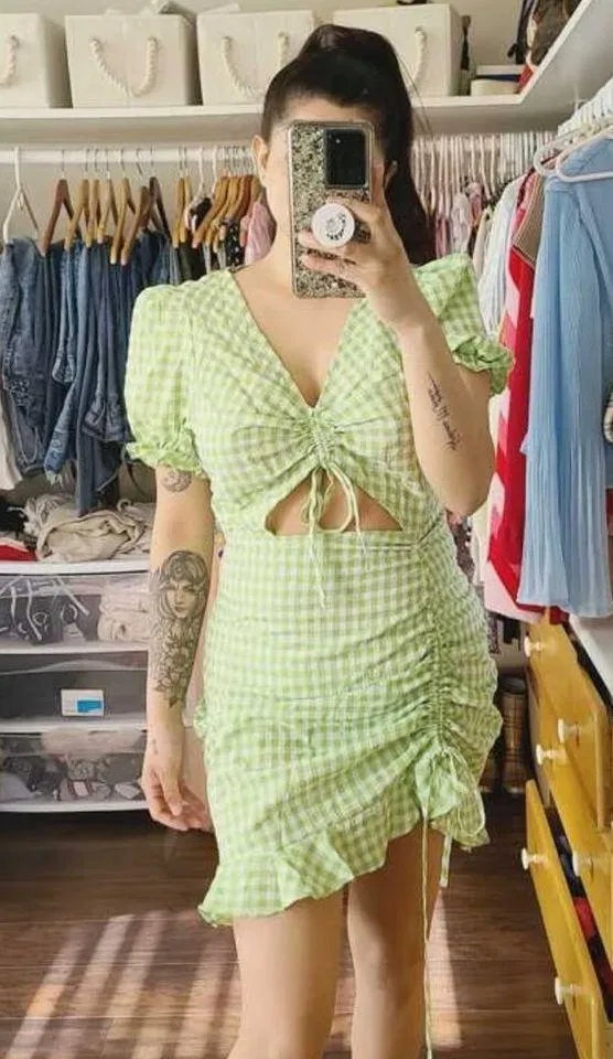 Boutique Ruched Cut Out Plaid Dress - Image 4