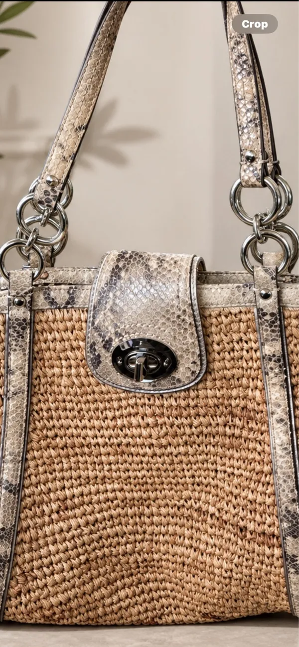 Coach Hampton Straw & Python Snakeskin Leather Trim Tote - Image 2