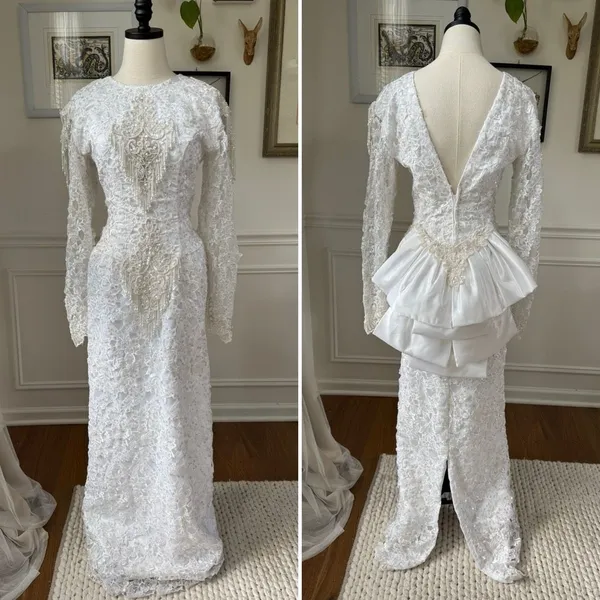 Vintage 80s Wedding Dress Heavily Embellished Long Sleeve Plunging Back S M 6 - Image 2