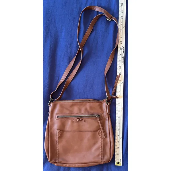 Cognac Brown Faux Leather Crossbody Bag with Whipstitch Detail and Multi Pockets - Image 5