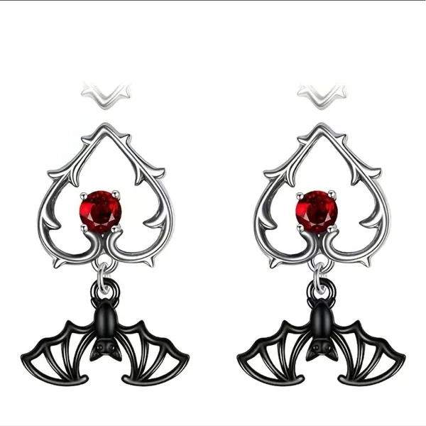 Gorgeous Black Bat Heart‎ Dangle Halloween Earrings with Ruby Color Decor Silver - Image 2