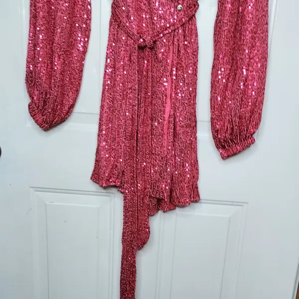 NWT Body Love Hot Pink Sequin Wrap Long Sleeve Party Dress LG holiday bling midi - Image 3