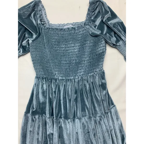 Baltic Born size large mini new velvet Smocked Square-Neck Dress Steel Blue - Image 5