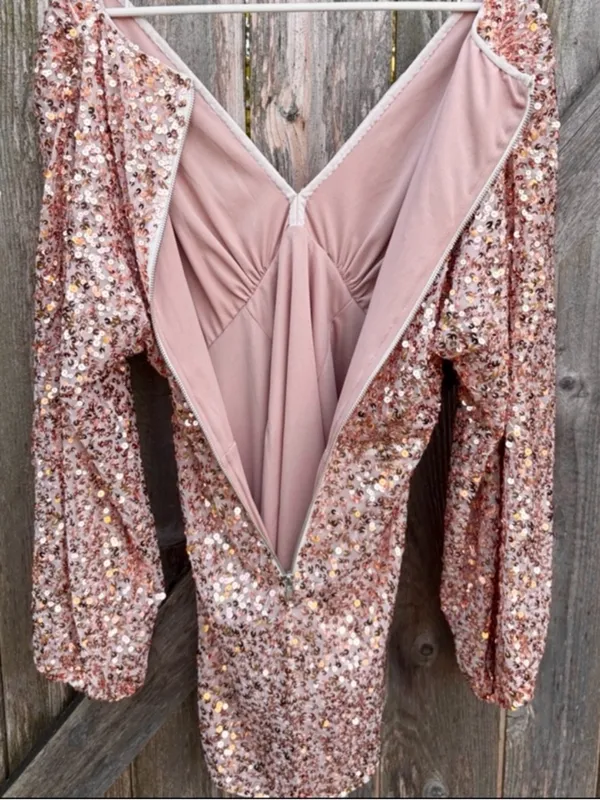 EUC Free People Dance All Night Sequined V Neck Puff SIv. Dress Rose Gold Small - Image 11