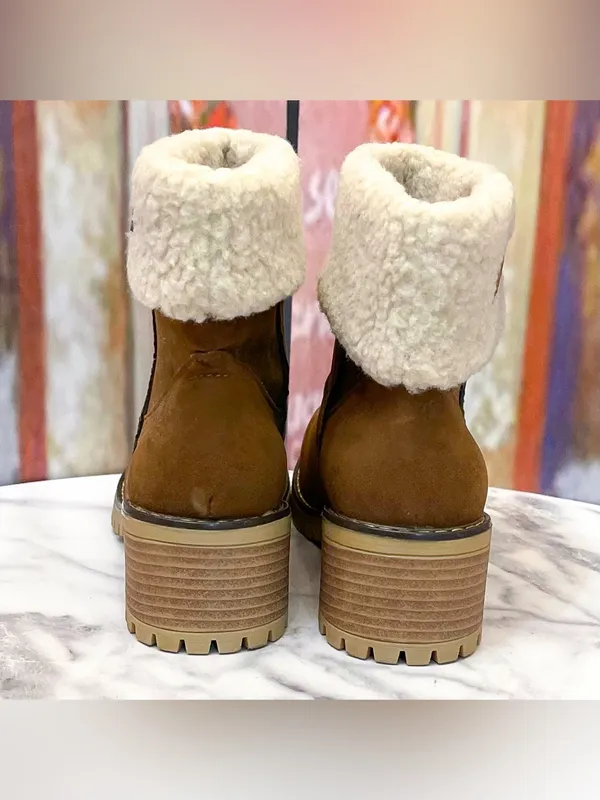 Faux Shearling Suede Lug Ankle Booties Brown 39 GUC Size 8 - Image 8