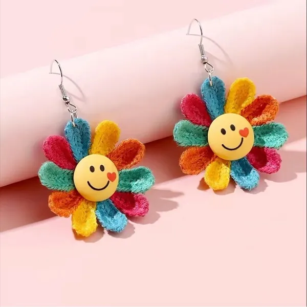 Rainbow Color Sunflower Smiling Face Design Dangle Earrings‎ Cute Knit Style - Image 3