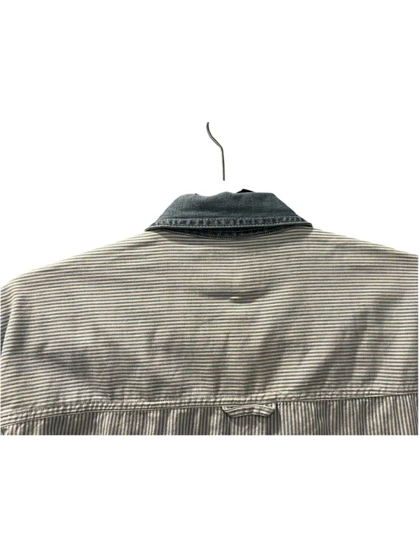 Vintage 90s Christmas Embroidered Button Up Shirt Striped Denim Collar Large - Image 7