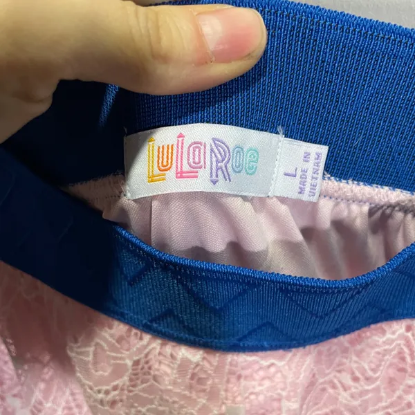 LuLaRoe‎ Lola Pink Floral Lace Midi Skirt Blue Elastic Waistband Large Womens - Image 4
