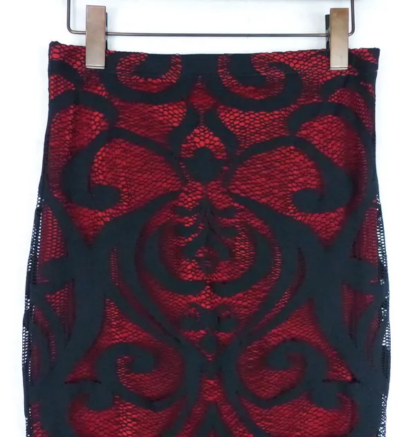 Bisou Bisou Michele Bohbot Pencil Skirt XS Red Black Lace Midi Gothic Vamp Y2K - Image 3