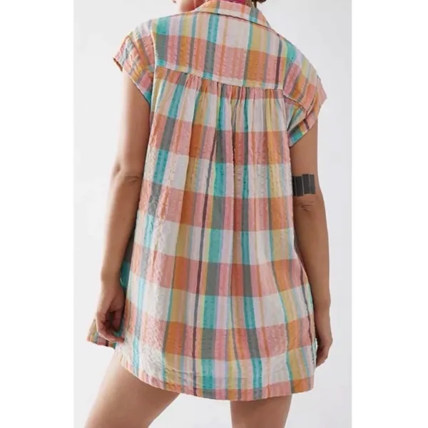 Free People Oversized Dreamers Madras Plaid Mini Dress Tunic Top Preppy Large - Image 6