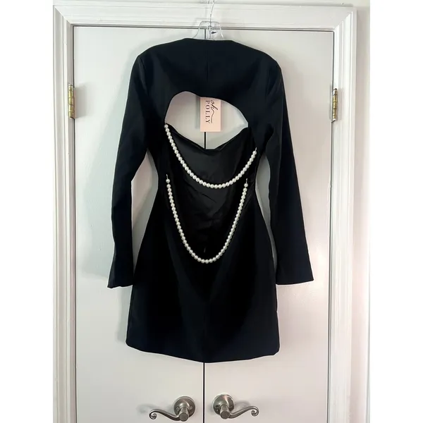 Oh Polly Akari Pearl-Detail Cut-Out Mini Dress in Black Size 8 Long - Image 5
