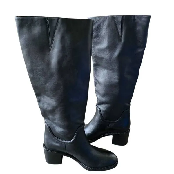 Vince Leather Tall Boots Black Block Heel Size 6 Almond‎ Toe NEW - Image 4