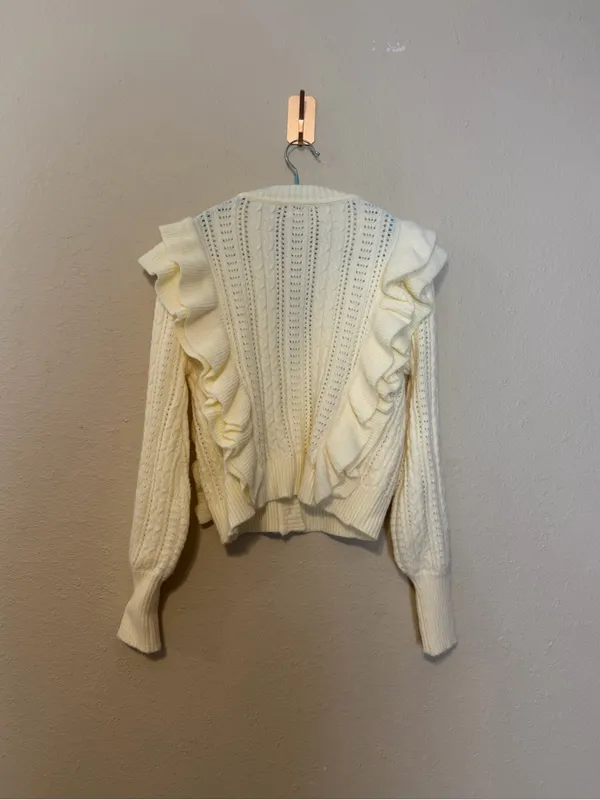 Avara Voy Cream Ruffle-Front Knit‎ Crop Cardigan Size Small - Image 6