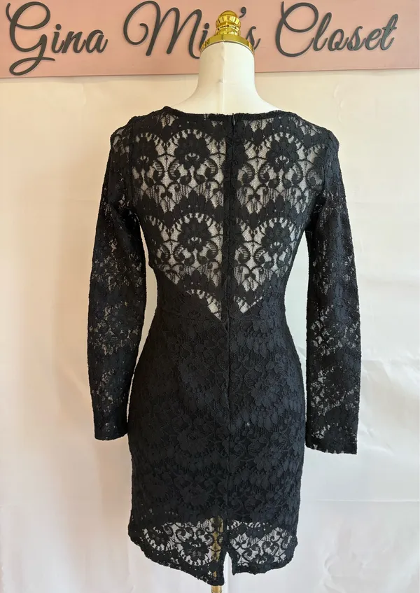 Sage Black Lace Long Sleeve Sheath Dress, Size Medium - Image 2