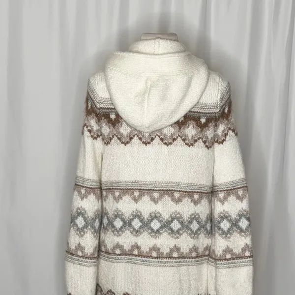 ABERCROMBIE & FITCH Fair Isle Hooded Long Cardigan Sweater Cream Fairisle XS - Image 9