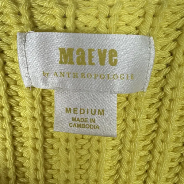 Anthropologie Maeve Yellow Chunky Knit Sweater Sz Medium Cotton Wool Blend Vneck - Image 4