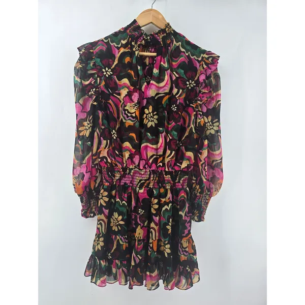 MISA Los Angeles Mini Dress Womens Large Multicolor‎ Floral Smocked Ruffle Boho - Image 2