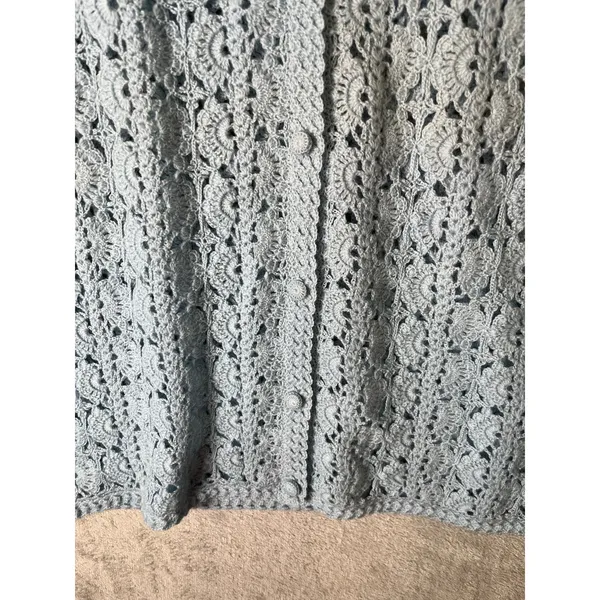Vintage Hand Crocheted Wool Cardigan Blue Cottagecore Boho‎ Grannycore Dainty LG - Image 3