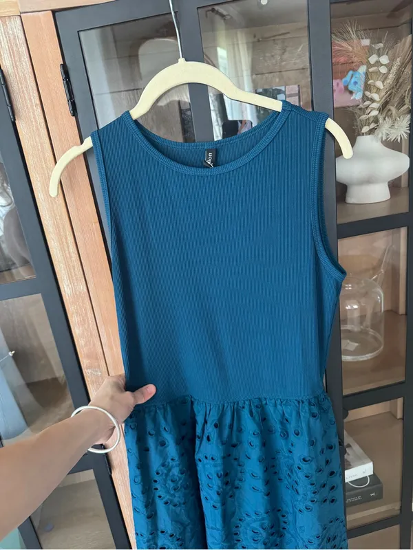 NWT Amazon eyelet maxi dress teal sleeveless drop waist midi pockets cotton - Image 6