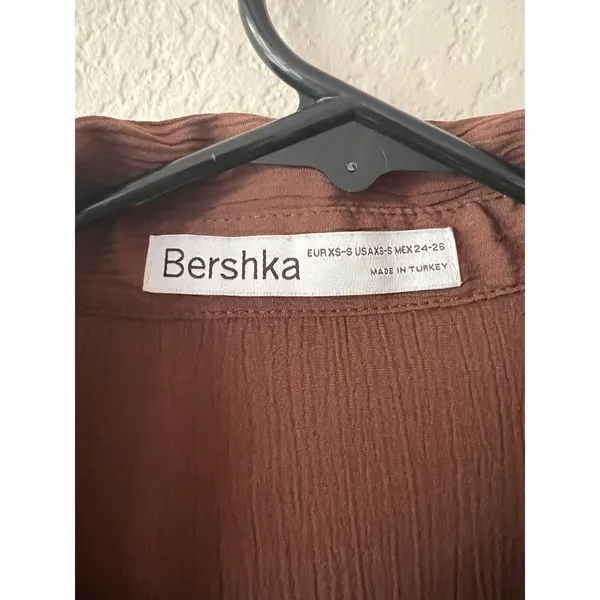 Bershka Brown Ribbed Button Down Shirt Long Sleeve Business Casual Top - Image 3