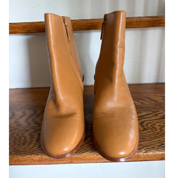 Tory Burch Brooke Tan‎ Leather Ankle Boots Logo Block Heel Size 6.5M - Image 6